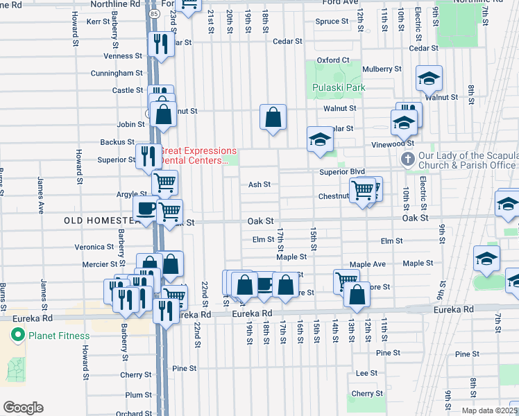 map of restaurants, bars, coffee shops, grocery stores, and more near 1728 Oak Street in Wyandotte