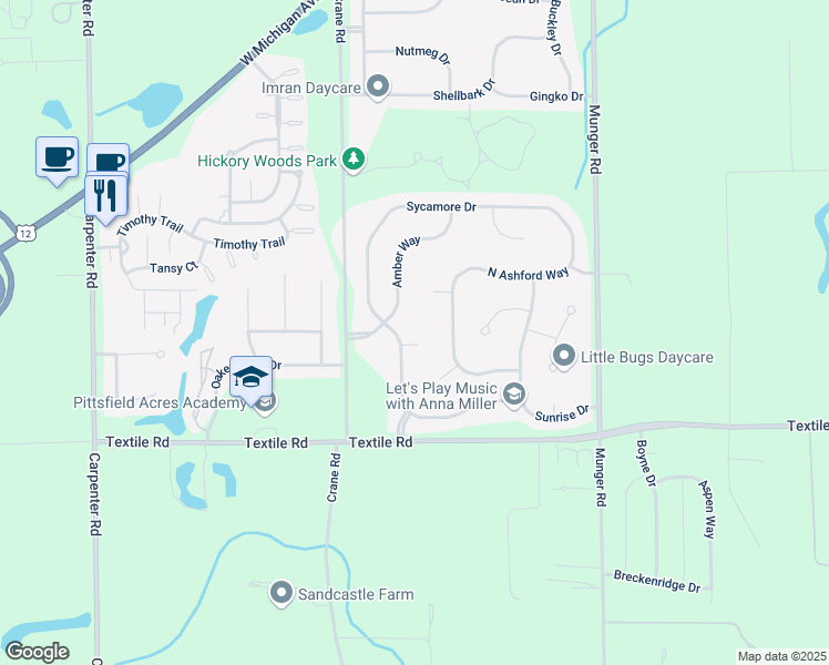 map of restaurants, bars, coffee shops, grocery stores, and more near 4647 White Pine Court in Ypsilanti