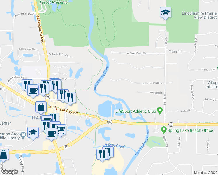 map of restaurants, bars, coffee shops, grocery stores, and more near 14445 West Mayland Villa Road in Lincolnshire