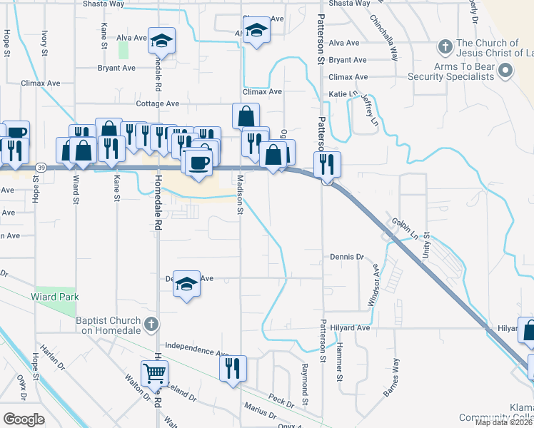 map of restaurants, bars, coffee shops, grocery stores, and more near 2490 Nile Street in Klamath Falls