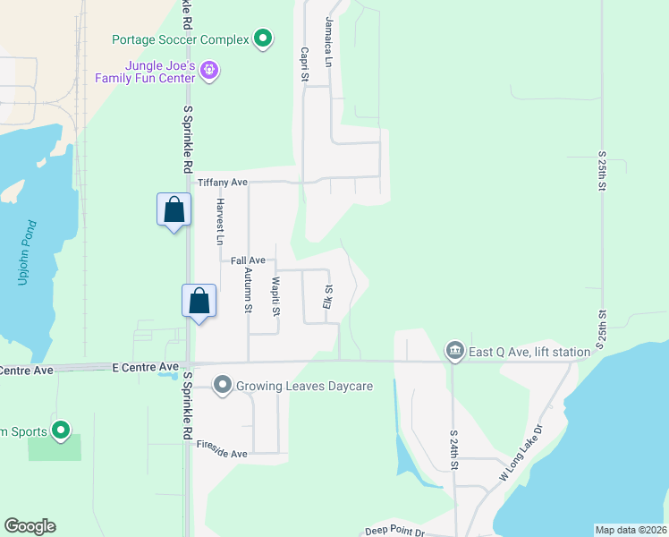 map of restaurants, bars, coffee shops, grocery stores, and more near 7801 Elk Street in Portage