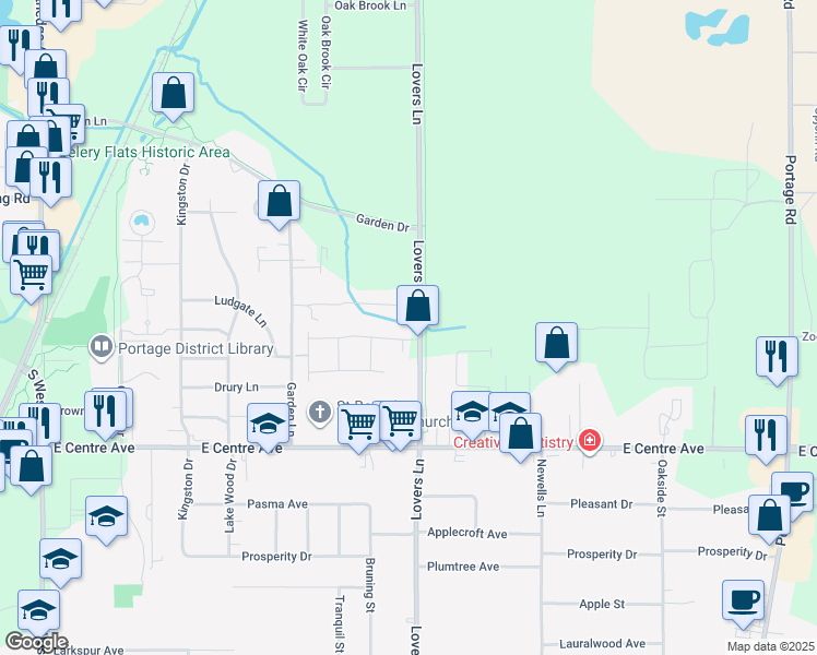 map of restaurants, bars, coffee shops, grocery stores, and more near 7600 Lovers Lane in Portage