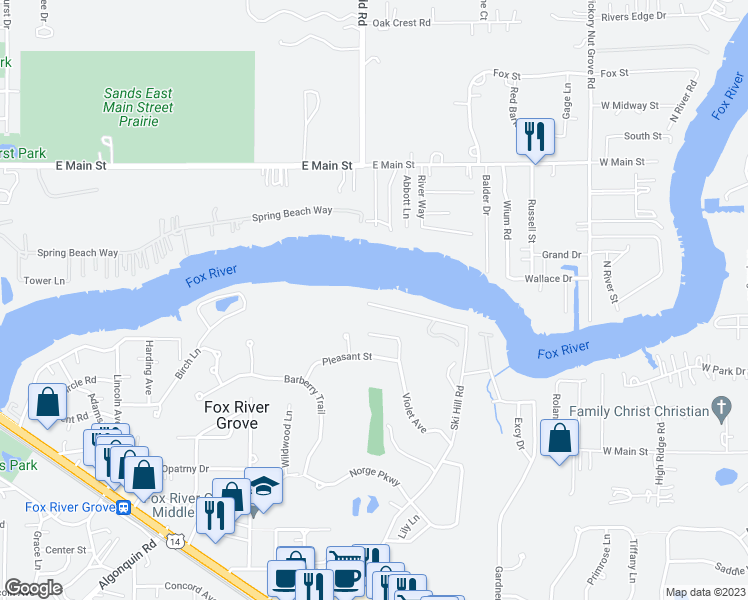 map of restaurants, bars, coffee shops, grocery stores, and more near 904 Ski Hill Road in Fox River Grove