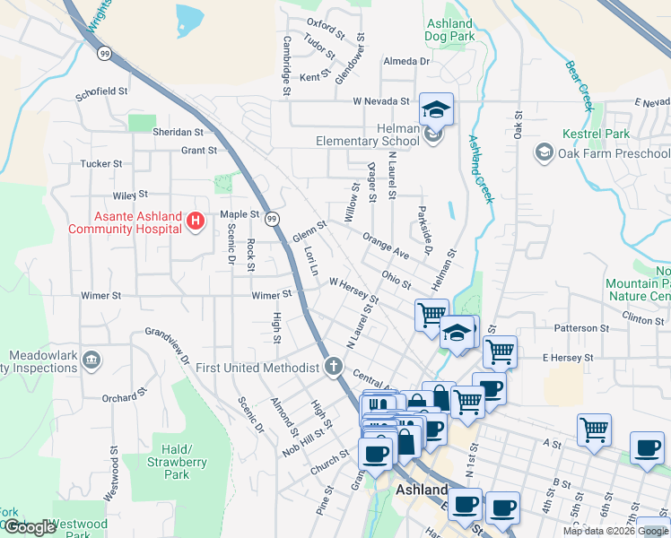 map of restaurants, bars, coffee shops, grocery stores, and more near 284 West Hersey Street in Ashland