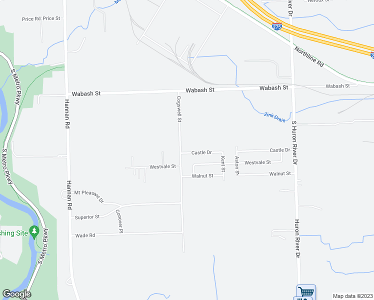 map of restaurants, bars, coffee shops, grocery stores, and more near 38324 Castle Drive in Romulus