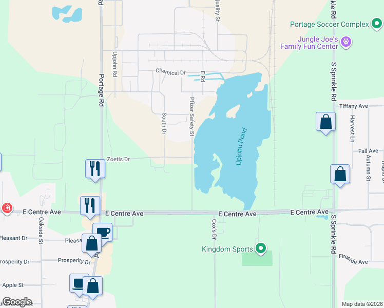 map of restaurants, bars, coffee shops, grocery stores, and more near 7858 East Road in Portage