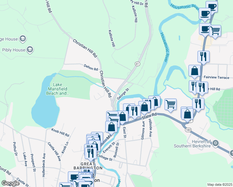 map of restaurants, bars, coffee shops, grocery stores, and more near 4 George Street in Great Barrington