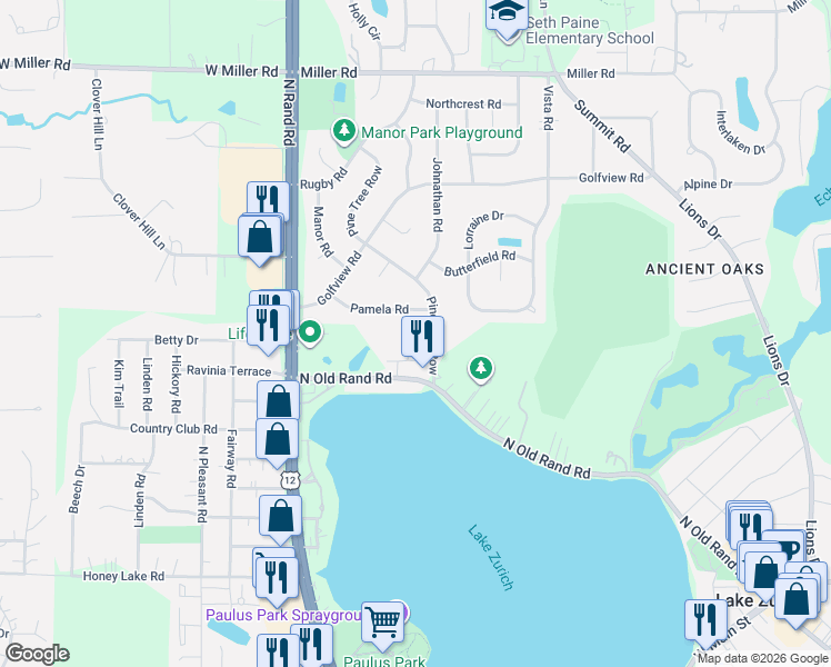 map of restaurants, bars, coffee shops, grocery stores, and more near 27 Lakebreeze Court in Lake Zurich