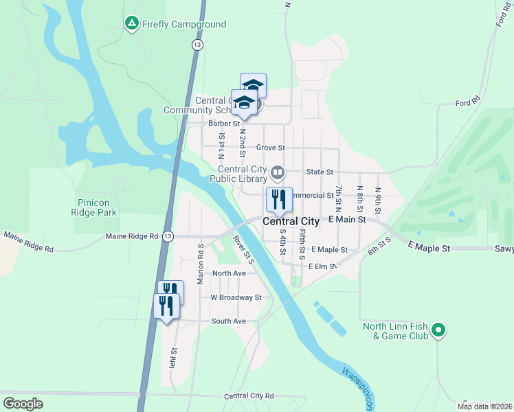 map of restaurants, bars, coffee shops, grocery stores, and more near 301-399 County Highway E16 in Central City