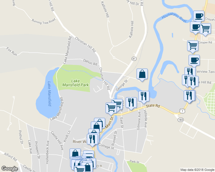 map of restaurants, bars, coffee shops, grocery stores, and more near 27 Christian Hill Road in Great Barrington
