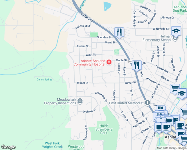 map of restaurants, bars, coffee shops, grocery stores, and more near 308 Luna Vista Street in Ashland