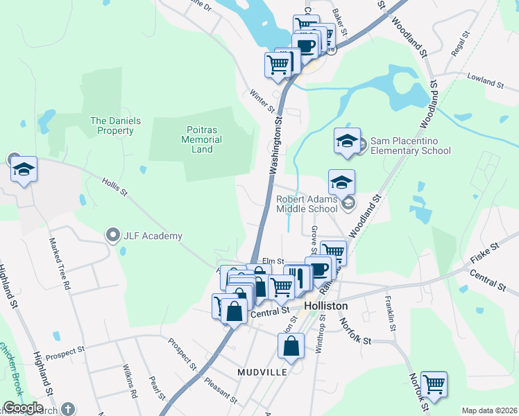 map of restaurants, bars, coffee shops, grocery stores, and more near 645 Washington Street in Holliston