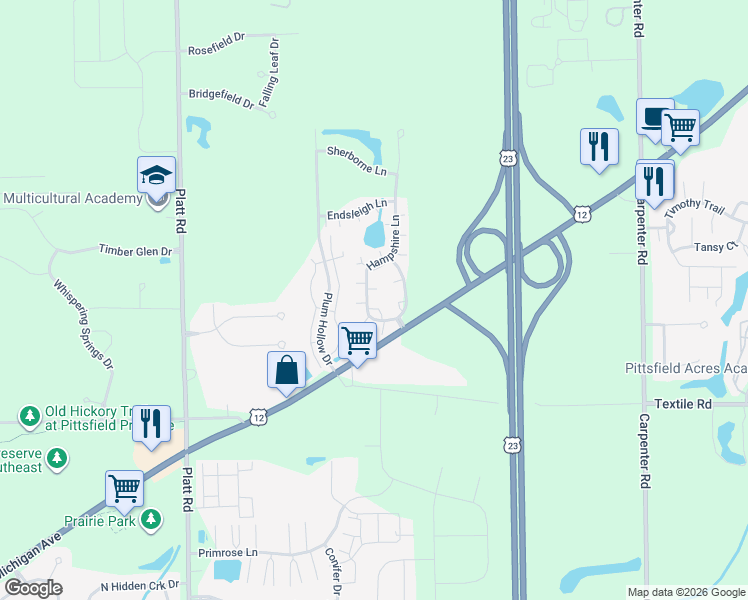map of restaurants, bars, coffee shops, grocery stores, and more near 5780 Hampshire Lane in Ypsilanti