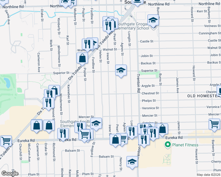 map of restaurants, bars, coffee shops, grocery stores, and more near 14231 Irene Street in Southgate