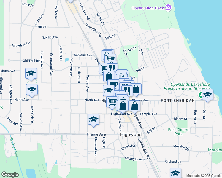 map of restaurants, bars, coffee shops, grocery stores, and more near 440 Green Bay Road in Highwood