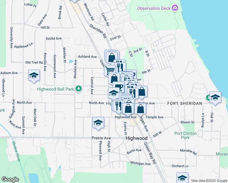 map of restaurants, bars, coffee shops, grocery stores, and more near 440 Green Bay Road in Highwood