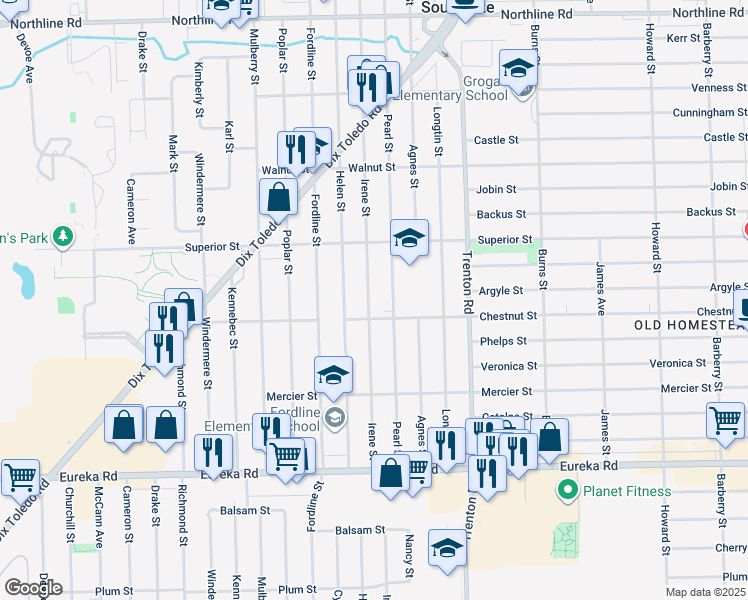 map of restaurants, bars, coffee shops, grocery stores, and more near 14231 Irene Street in Southgate