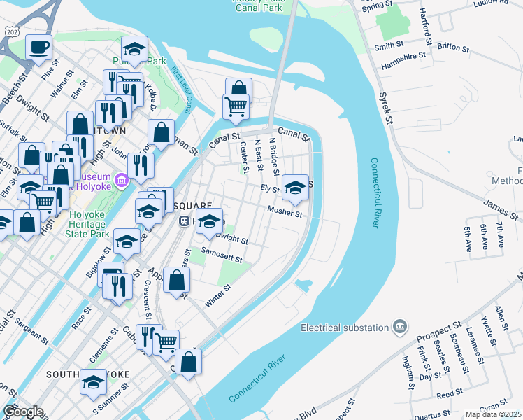 map of restaurants, bars, coffee shops, grocery stores, and more near 71 Mosher Street in Holyoke