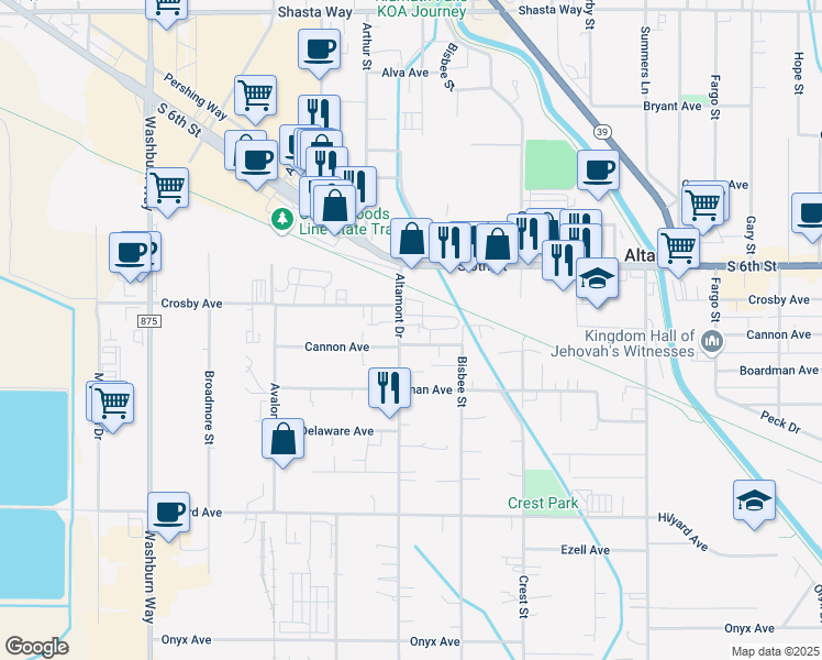 map of restaurants, bars, coffee shops, grocery stores, and more near 2567 Altamont Drive in Klamath Falls