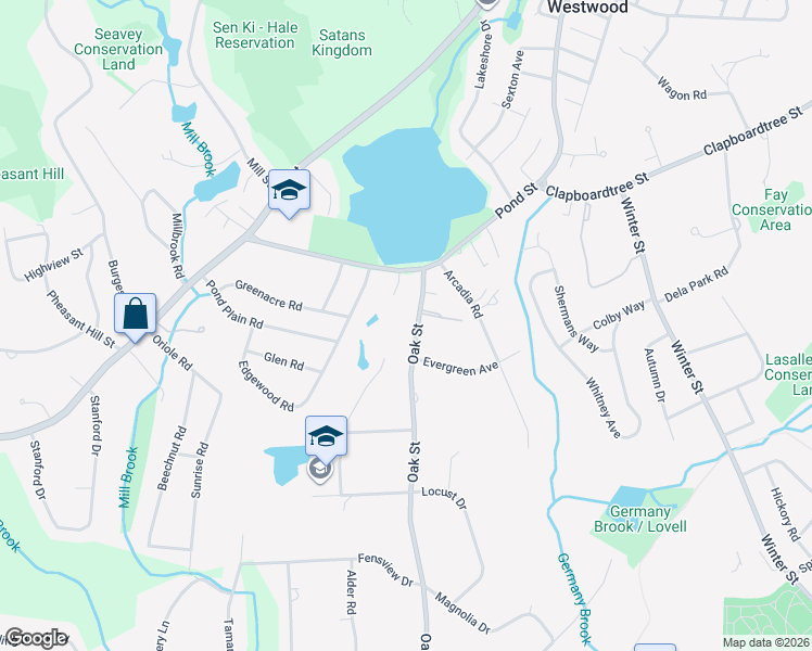 map of restaurants, bars, coffee shops, grocery stores, and more near 41 Oak Street in Westwood