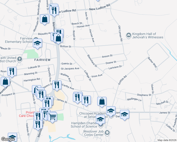 map of restaurants, bars, coffee shops, grocery stores, and more near 192 College Street in Chicopee