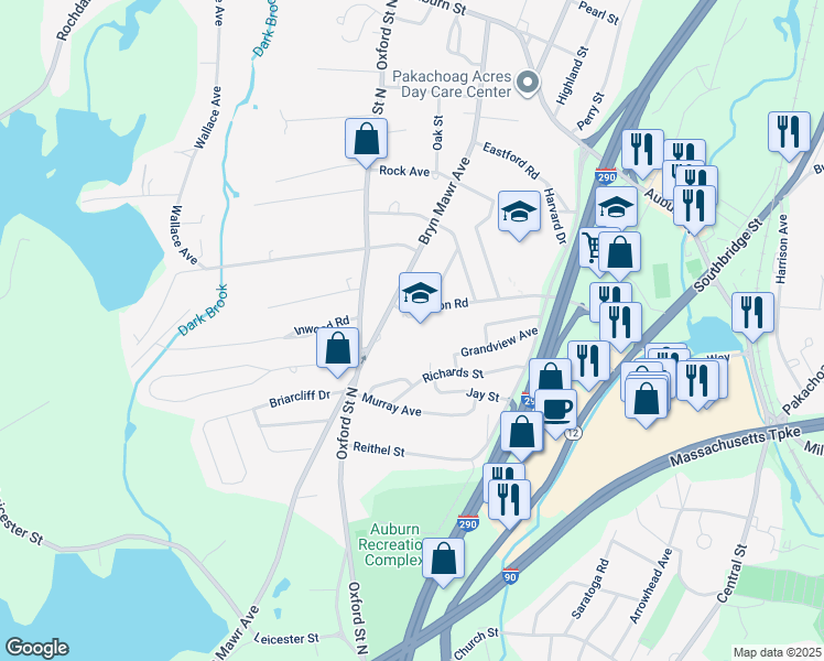 map of restaurants, bars, coffee shops, grocery stores, and more near 35 Swanson Road in Auburn