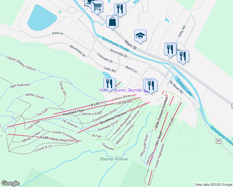 map of restaurants, bars, coffee shops, grocery stores, and more near 64 Liftside Drive in Lanesville