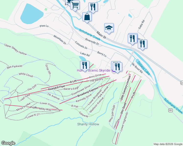map of restaurants, bars, coffee shops, grocery stores, and more near 64 Liftside Drive in Lanesville