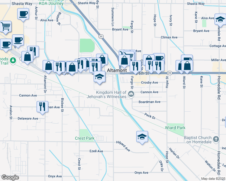 map of restaurants, bars, coffee shops, grocery stores, and more near 2490 Summers Lane in Klamath Falls