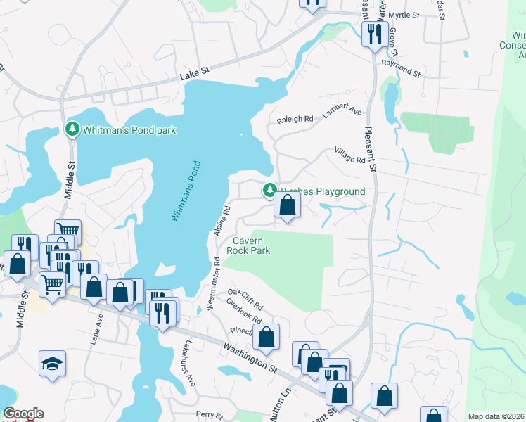 map of restaurants, bars, coffee shops, grocery stores, and more near 21 Mountain View Road in Weymouth
