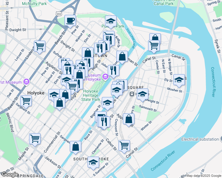 map of restaurants, bars, coffee shops, grocery stores, and more near 195 Appleton Street in Holyoke