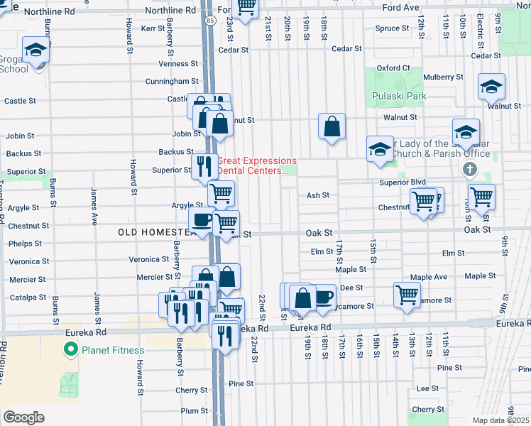 map of restaurants, bars, coffee shops, grocery stores, and more near 2204 Oak Street in Wyandotte