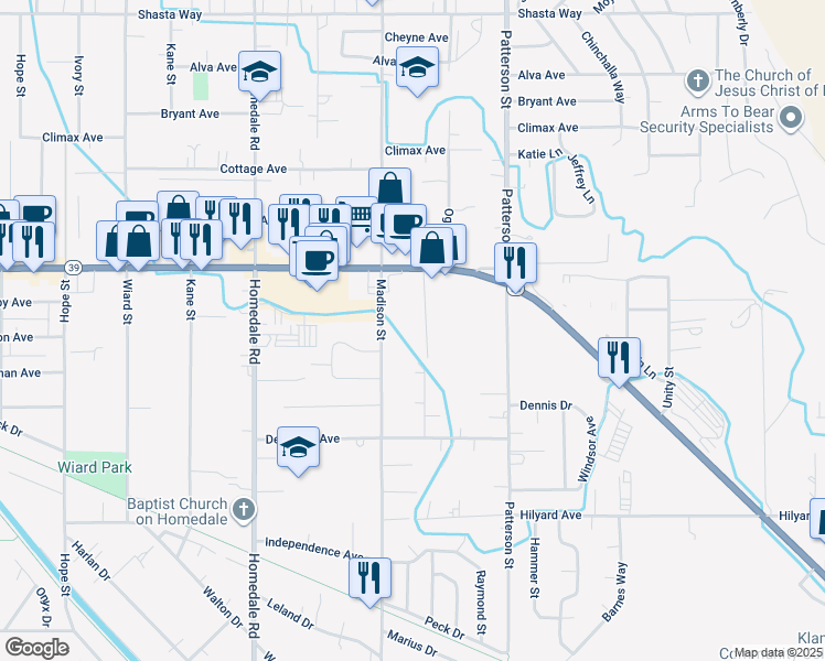 map of restaurants, bars, coffee shops, grocery stores, and more near 2507 Nile Street in Klamath Falls