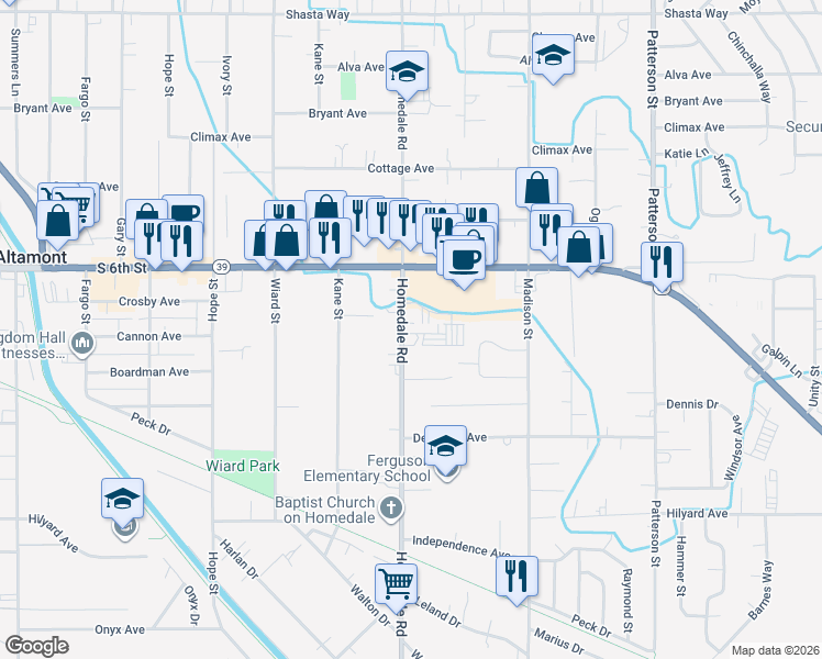 map of restaurants, bars, coffee shops, grocery stores, and more near 2529 Homedale Road in Klamath Falls