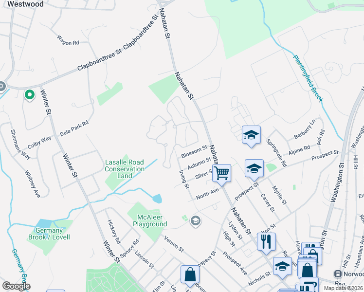 map of restaurants, bars, coffee shops, grocery stores, and more near 167 Irving Street in Norwood