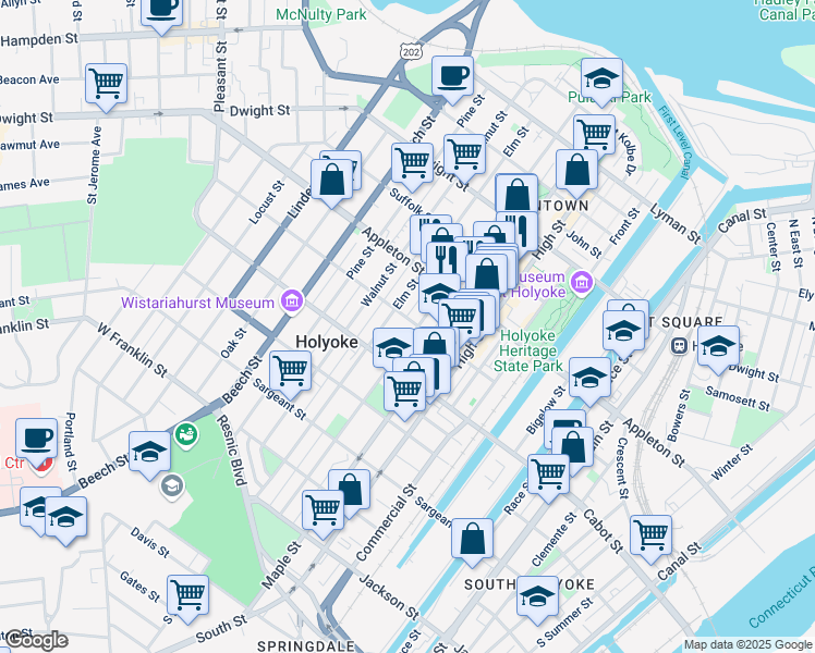 map of restaurants, bars, coffee shops, grocery stores, and more near 235 Chestnut St in Holyoke