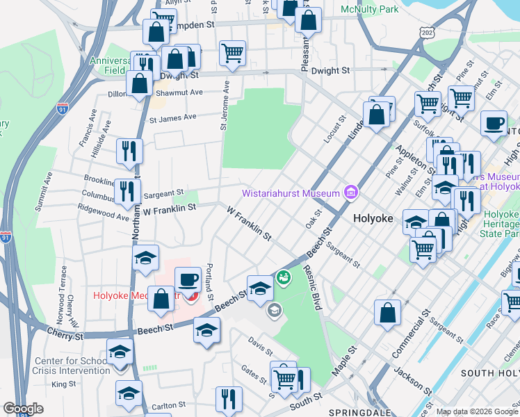 map of restaurants, bars, coffee shops, grocery stores, and more near 208 Locust Street in Holyoke