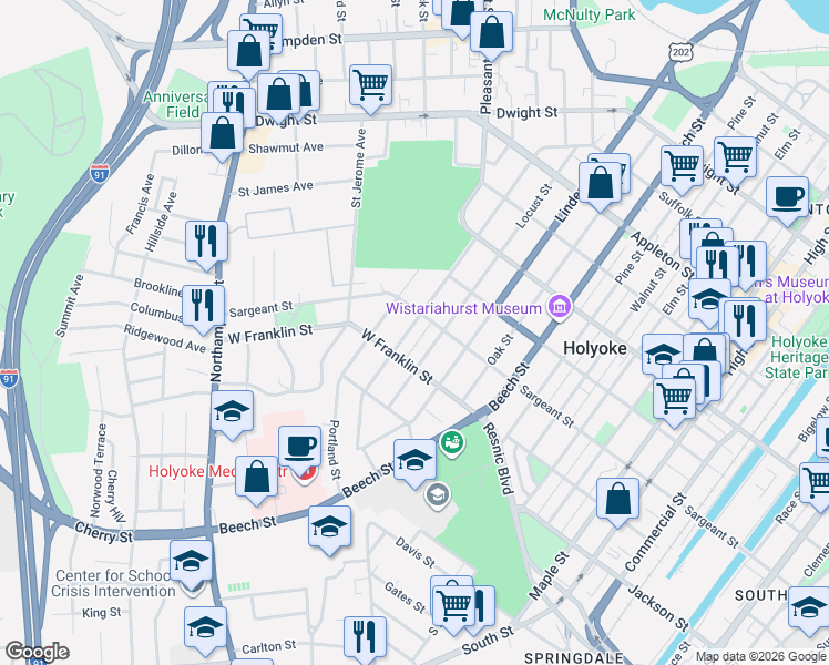 map of restaurants, bars, coffee shops, grocery stores, and more near 208 Locust Street in Holyoke