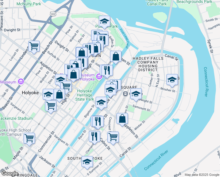 map of restaurants, bars, coffee shops, grocery stores, and more near 380 Dwight Street in Holyoke