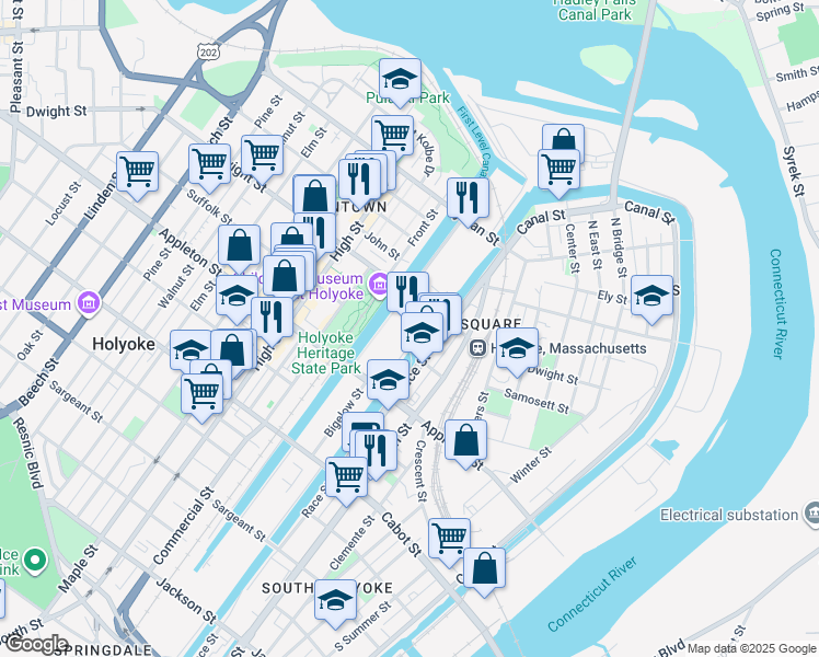 map of restaurants, bars, coffee shops, grocery stores, and more near 61 Race Street in Holyoke