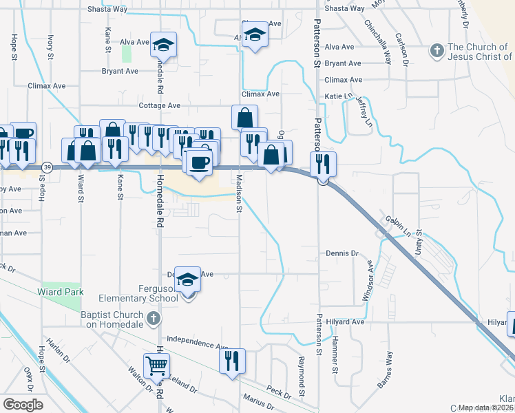 map of restaurants, bars, coffee shops, grocery stores, and more near 2500 Nile Street in Klamath Falls