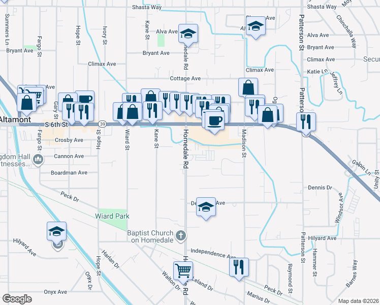map of restaurants, bars, coffee shops, grocery stores, and more near 2529 Homedale Road in Klamath Falls