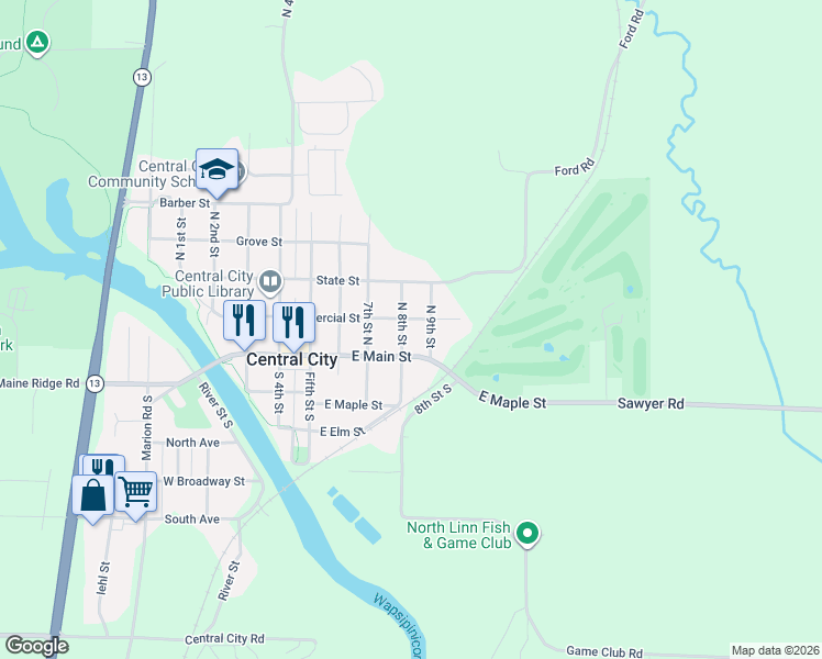 map of restaurants, bars, coffee shops, grocery stores, and more near 810 East Main Street in Central City