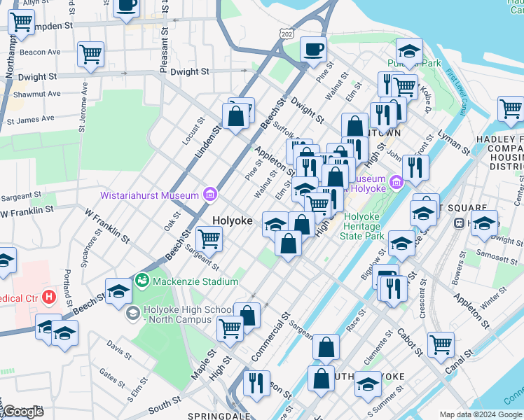 map of restaurants, bars, coffee shops, grocery stores, and more near 223 Elm Street in Holyoke