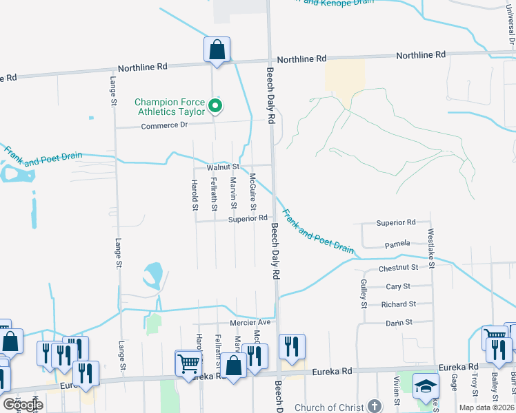 map of restaurants, bars, coffee shops, grocery stores, and more near 13753 McGuire Street in Taylor
