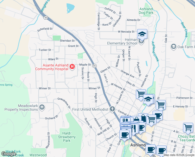 map of restaurants, bars, coffee shops, grocery stores, and more near 475 North Main Street in Ashland