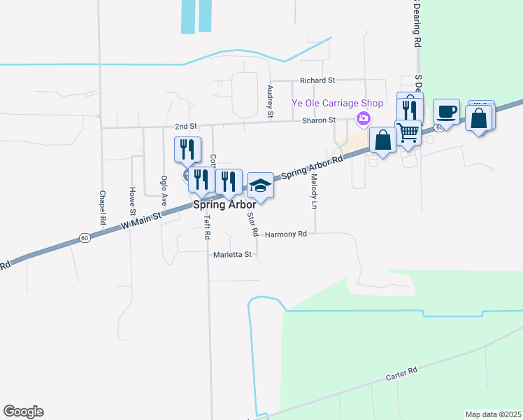 map of restaurants, bars, coffee shops, grocery stores, and more near 118 Star Road in Spring Arbor