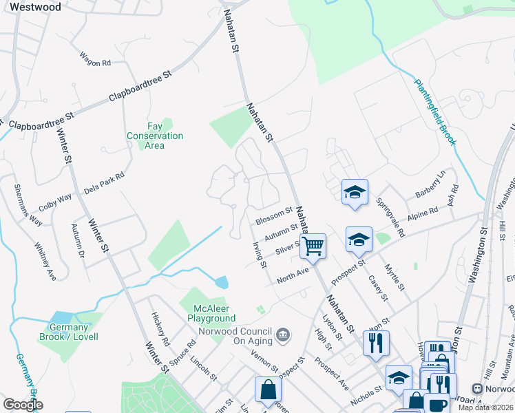 map of restaurants, bars, coffee shops, grocery stores, and more near 214 Norwest Drive in Norwood