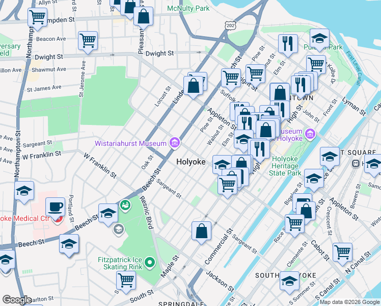 map of restaurants, bars, coffee shops, grocery stores, and more near 231 Pine Street in Holyoke