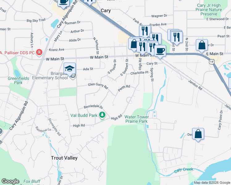 map of restaurants, bars, coffee shops, grocery stores, and more near 105 South Seebert Street in Cary
